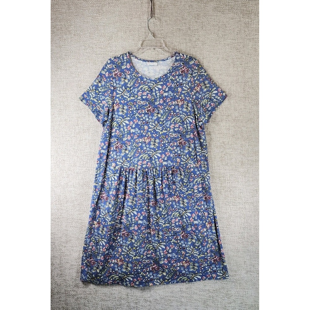 J.Jill Stretch Knit Floral Dress Womens *XL-1X‎ Blue Pockets Short Sleeve Garden